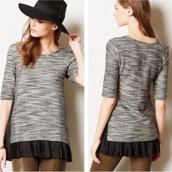 Anthro Clu & Willoughby Black White Tweed Ruffle Trim Striped Tunic Mini Dress S - Picture 1 of 16